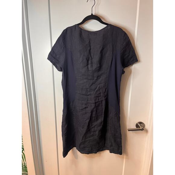 Lina Tomei Navy Blue Linen Short Sleeve Embellished Shift Dress Pockets - Picture 2 of 9